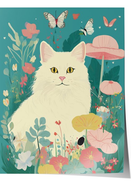 Çerçevesiz Poster, Ormanda Kedi Illüstrasyonu, Çocuk Odası Dekoru Poster No: 112456