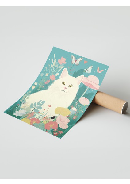 Çerçevesiz Poster, Ormanda Kedi Illüstrasyonu, Çocuk Odası Dekoru Poster No: 112456 modelleri