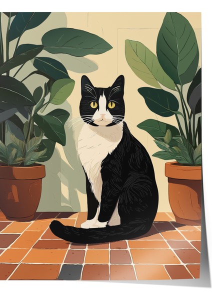 Çerçevesiz Poster, Saksıda Siyah Kedi – Minimal Sanat, Çalışma Odası Dekoru Poster No: 112567