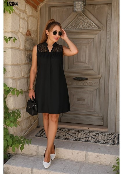 Kadın Kolsuz V Hakim Yaka Dantelli Janjan Krep Elbise Son Görsel Hediye fiyatları