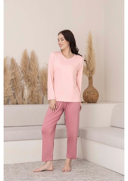 Kadın Bisiklet Yaka Düğmesiz Viskon Mevsimlik Uzun Kol Cepli Pijama Takımı fırsatları