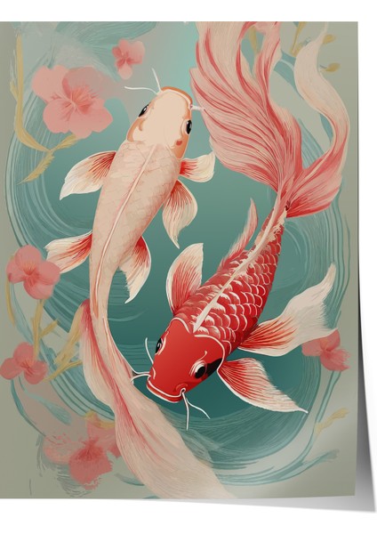 Çerçevesiz Poster, Koi Balıkları Illüstrasyonu, Salon Dekoru Poster No: 112383