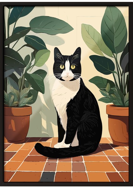 Siyah Çerçeveli Tablo, Saksıda Siyah Kedi – Minimal Sanat, Çalışma Odası Dekoru Poster No: 112567
