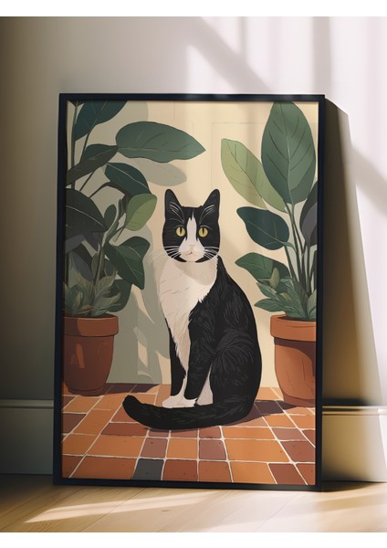 Siyah Çerçeveli Tablo, Saksıda Siyah Kedi – Minimal Sanat, Çalışma Odası Dekoru Poster No: 112567 fiyatları