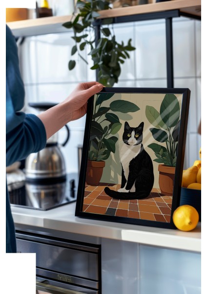 Siyah Çerçeveli Tablo, Saksıda Siyah Kedi – Minimal Sanat, Çalışma Odası Dekoru Poster No: 112567 modelleri