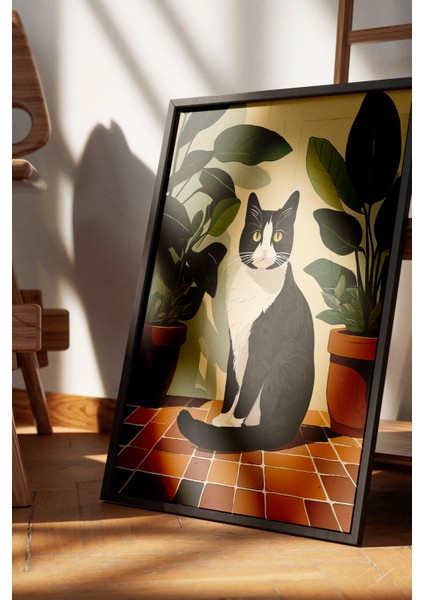 Siyah Çerçeveli Tablo, Saksıda Siyah Kedi – Minimal Sanat, Çalışma Odası Dekoru Poster No: 112567 fırsatları