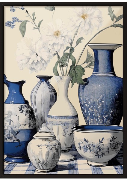 Siyah Çerçeveli Tablo, Mavi Beyaz Vazo Koleksiyonu – Klasik Stil, Salon Dekoru Poster No: 113205