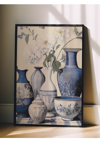 Siyah Çerçeveli Tablo, Mavi Beyaz Vazo Koleksiyonu – Klasik Stil, Salon Dekoru Poster No: 113205 fiyatları