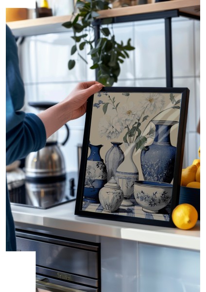 Siyah Çerçeveli Tablo, Mavi Beyaz Vazo Koleksiyonu – Klasik Stil, Salon Dekoru Poster No: 113205 modelleri