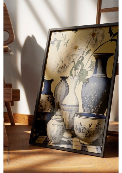 Siyah Çerçeveli Tablo, Mavi Beyaz Vazo Koleksiyonu – Klasik Stil, Salon Dekoru Poster No: 113205 fırsatları