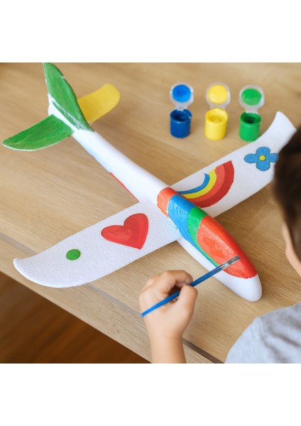 KanatGO el ile fırlatmalı oyuncak uçak - sade boyanabilir beyaz renk uçak + boya seti ve fırça
