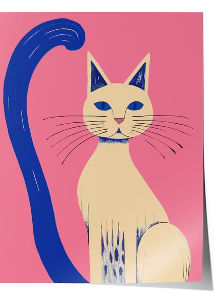 Çerçevesiz Poster, Minimal Kedi ve Mavi Kuyruk, Genç Odası Dekoru Poster No: 112466