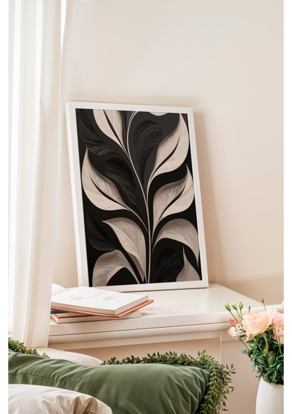 Beyaz Çerçeveli Tablo, Doğal Yaprak Deseni – Siyah Beyaz, Salon Dekoru Poster No: 112642 fiyatları