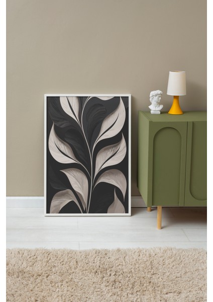 Beyaz Çerçeveli Tablo, Doğal Yaprak Deseni – Siyah Beyaz, Salon Dekoru Poster No: 112642 fırsatları