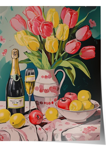 Çerçevesiz Poster, Şampanya ve Çiçekler – Kutlama Teması, Yatak Odası Dekoru Poster No: 113230