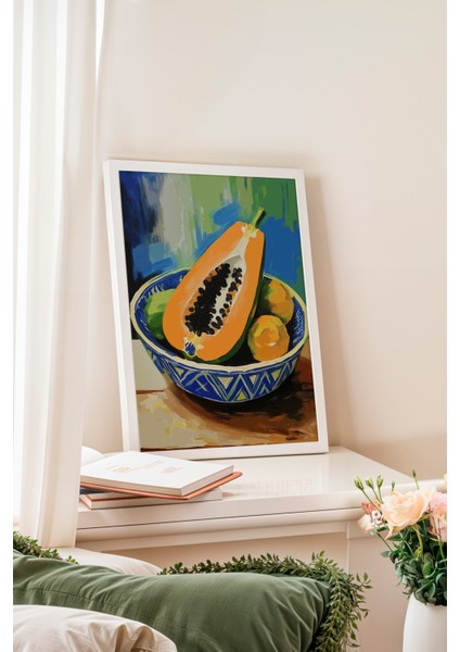 Beyaz Çerçeveli Tablo, Tropik Papaya – Egzotik Renkler, Mutfak Dekoru Poster No: 113220 fiyatları