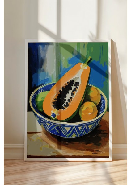 Beyaz Çerçeveli Tablo, Tropik Papaya – Egzotik Renkler, Mutfak Dekoru Poster No: 113220 modelleri