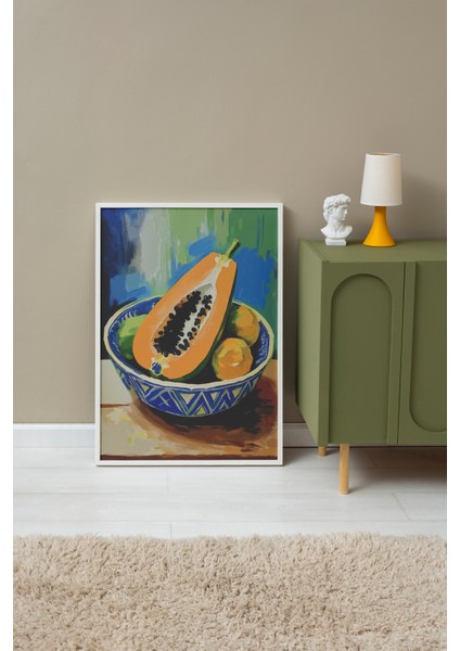 Beyaz Çerçeveli Tablo, Tropik Papaya – Egzotik Renkler, Mutfak Dekoru Poster No: 113220 fırsatları