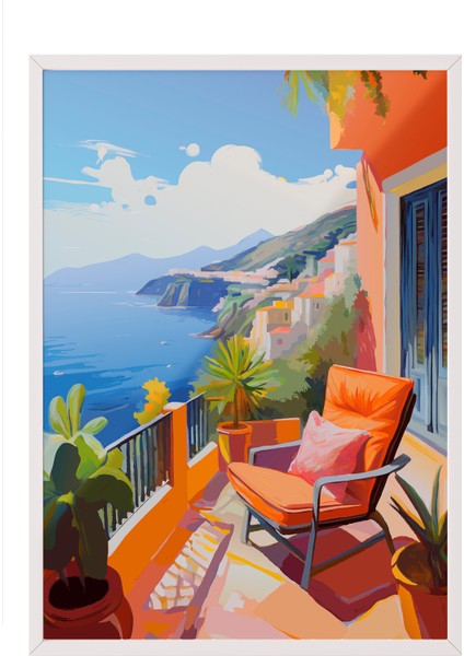 Beyaz Çerçeveli Tablo, Akdeniz Manzarası – Canlı Renkler, Salon Dekoru Poster No: 112911