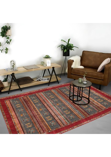 | Vintage Eskitme Tarz Otantik Minimalist Kırmızı-Turuncu-Gri| Yıkanabilir Halı