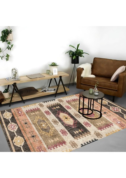 | Vintage Eskitme Tarz Otantik Minimalist Desen Krem-Kahve | Yıkanabilir Halı
