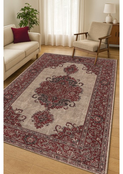 |vintage Etnik Otantik Salon Mutfak Halısı Bordo Gri 02 |yıkanabilir Halı