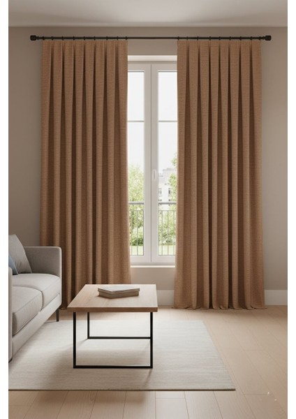 Taç Narden Sütlü Kahve Sade Soft Fon Perde 1x3 Sık Pile