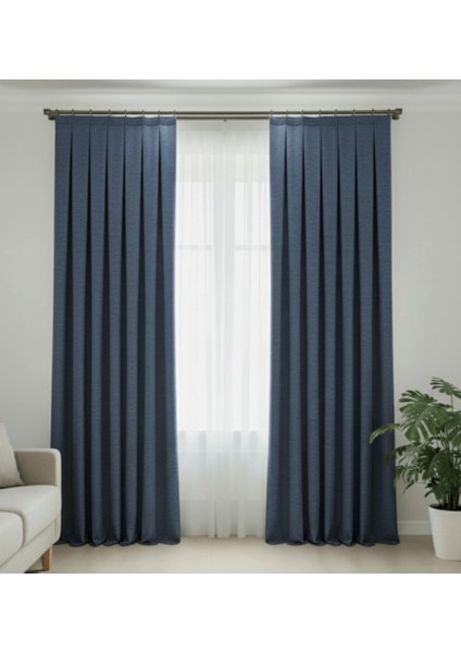 Taç Narden Lacivert Sade Soft Fon Perde 1x3 Sık Pile