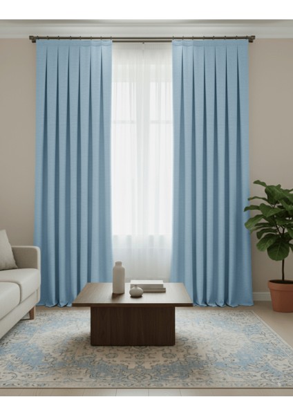 Taç Narden Buz Mavisi Sade Soft Fon Perde 1x3 Sık Pile