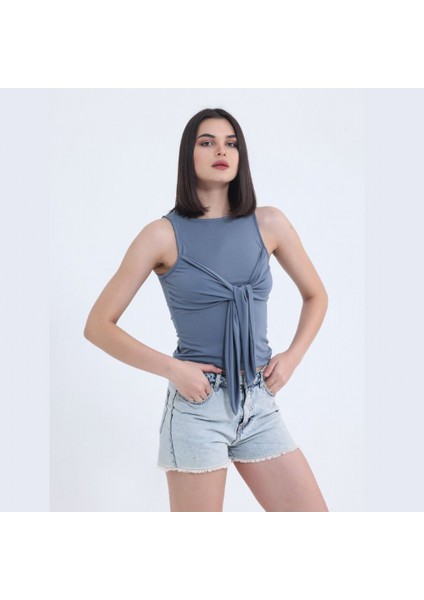 Gri Önden Bağlamalı Crop Top