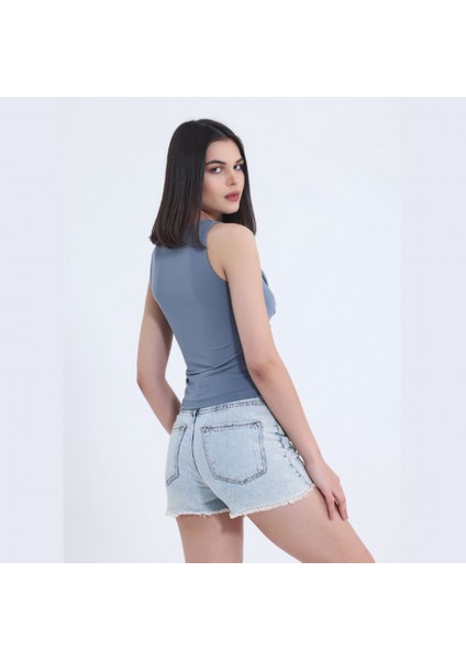 Gri Önden Bağlamalı Crop Top