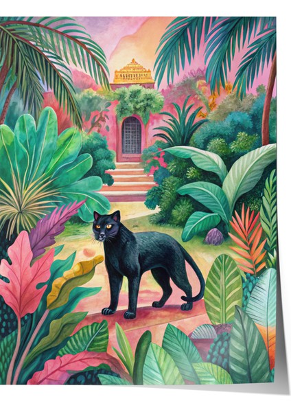 Çerçevesiz Poster, Tropik Orman ve Siyah Panter – Egzotik Hava, Salon Dekoru Poster No: 113124