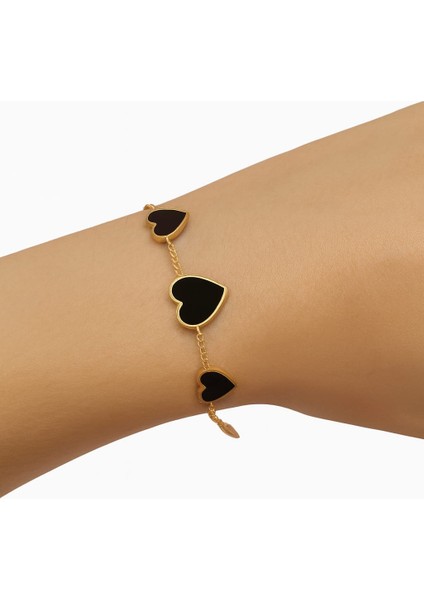 Gold Siyah Kalpli Zarif Çelik Bileklik