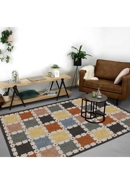 | Vintage Eskitme Tarz Otantik Minimalist Kare Desen Krem Bordo | Yıkanabilir Halı