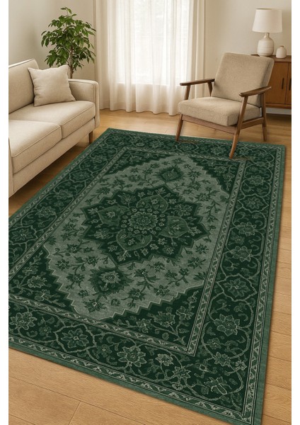 |vintage Etnik Otantik Salon Mutfak Halısı Koyu Yeşil|yıkanabilir Halı