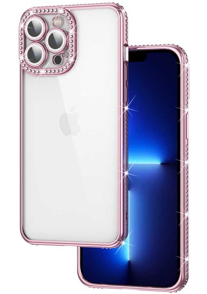 iPhone 12 Pro Kılıf Kamera Korumalı Taşlı Mnc Mina Kapak-Rose Gold