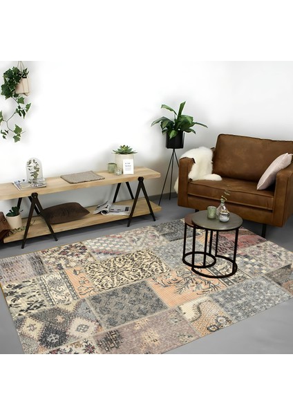 | Vintage Eskitme Tarz Otantik Minimalist Soft Krem-Gri| Yıkanabilir Halı