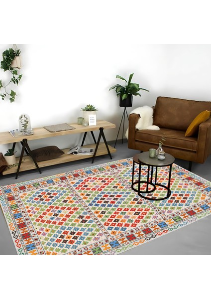 | Vintage Eskitme Tarz Otantik Minimalist Beyaz-Kırmızı-Yeşil | Yıkanabilir Halı