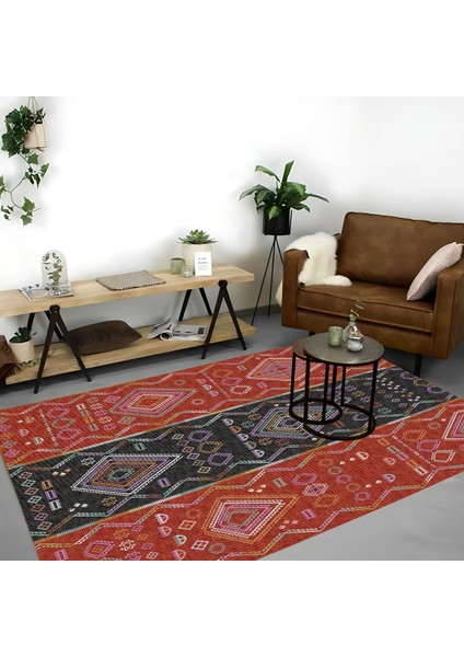 | Vintage Eskitme Tarz Otantik Minimalist Kırmızı-Siyah | Yıkanabilir Halı
