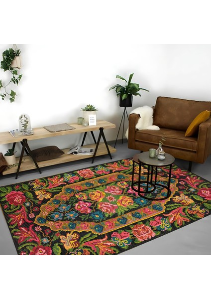 | Vintage Eskitme Tarz Otantik Minimalist Siyah-Turuncu-Yeşil | Yıkanabilir Halı