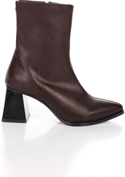 Kahverengi 7 cm Kalın Topuklu Sivri Burunlu Streç Bot fiyatları