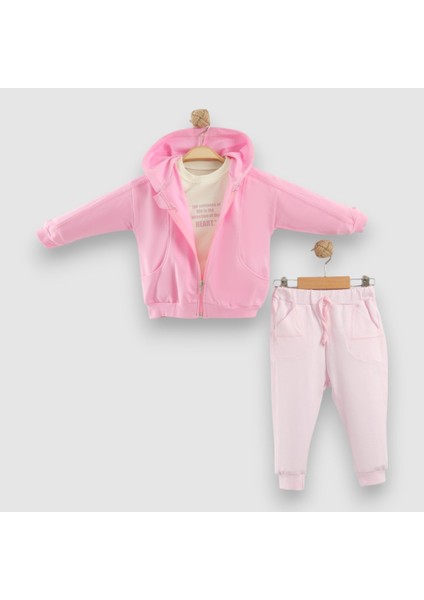 3 Lü Kız Bebek Takımı Seti, Kapüşonlu Fermuarlı Ceket, Pijama Mevsimlik Takım