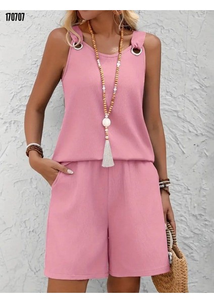 Kadın Askılı Yuvarlak Yaka Kuş Gözü Detaylı Bürümcük Bluz ve Short Ikili Takım Son Görsel Hediye modelleri