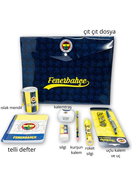 Fenerbahçe Lisanslı Kırtasiye Seti – Çıt Çıt Dosya, Telli Defter, Kalem, Versatil Kalem, Uç, Silgi, Roket Silgi, Kalemtraş ve Islak Mendil – Fenerbahçeli Fb Taraftar Okul ve Öğrenci Seti