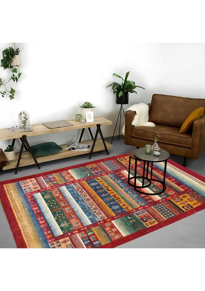 | Vintage Eskitme Tarz Otantik Minimalist Kırmızı-Sarı | Yıkanabilir Halı