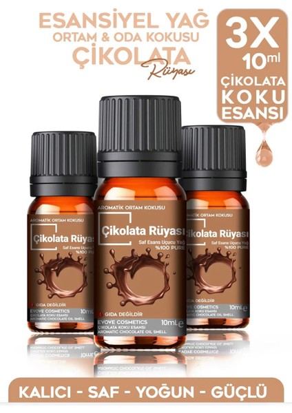 Esansiyel Yağ Çikolata Rüyası Oda Kokusu 3 Adet 10ML Set Aromatik Buhardanlık Difüzör Uçucu Yağ