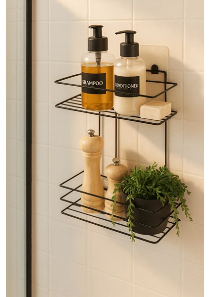2 Katlı Siyah Yapışkanlı Banyo Rafı, Duş, Şampuanlık Düzenleyici, Paslanmaz Metal (Vidala/yapıştır)