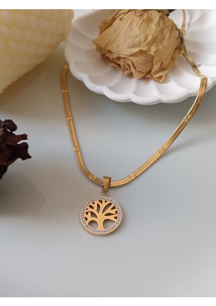 Hayat Ağacı Zirkon Taşlı Gold Paslanmaz Çelik Kolye