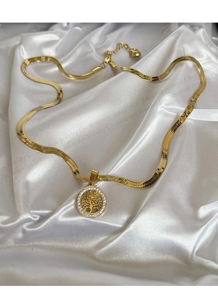 Hayat Ağacı Zirkon Taşlı Gold Paslanmaz Çelik Kolye fiyatları