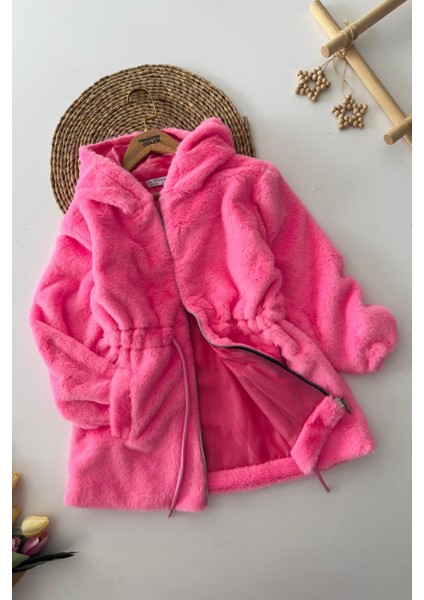 Belden Bağcık Detaylı Kapüşonlu Peluş Kız çocuk mont - Pembe